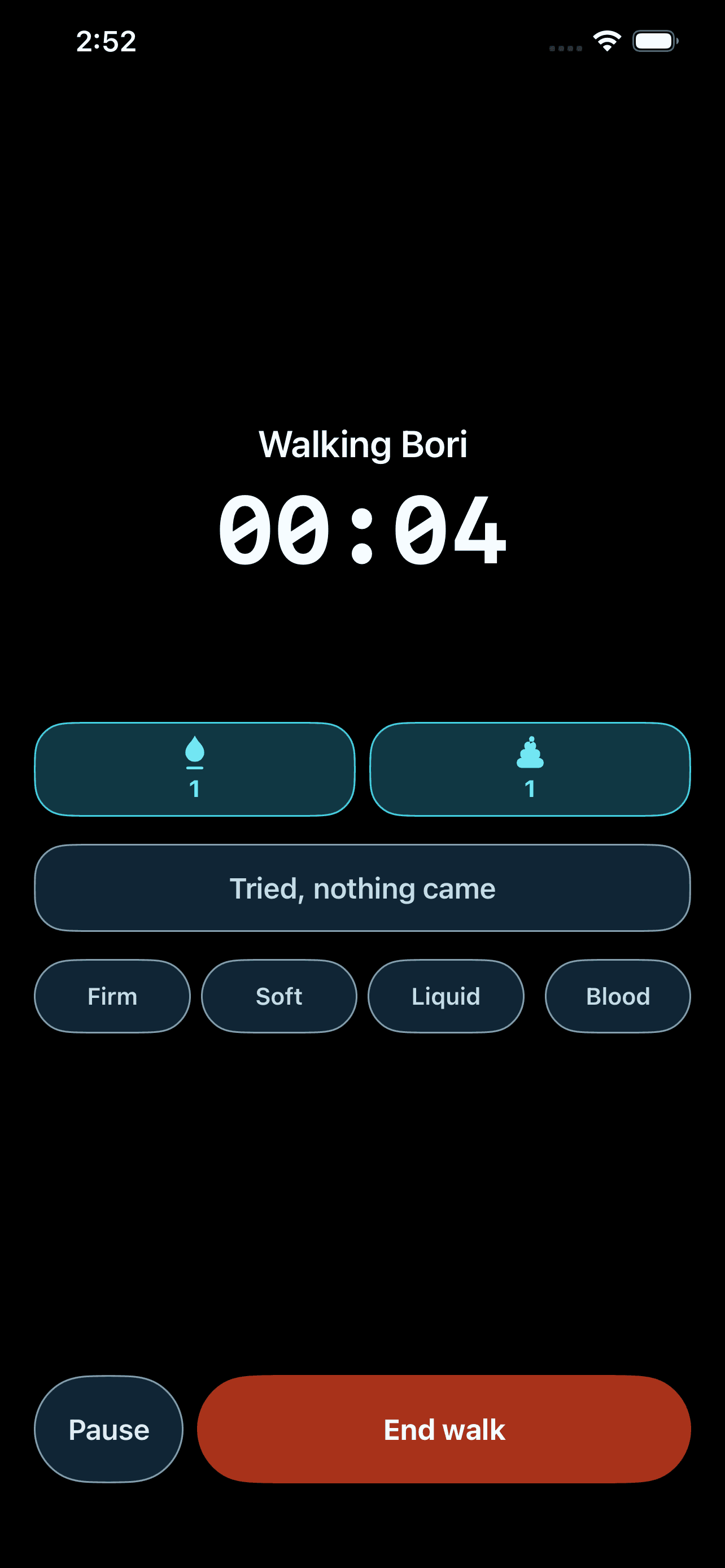 WristPet live walk screen with timer and care observation controls