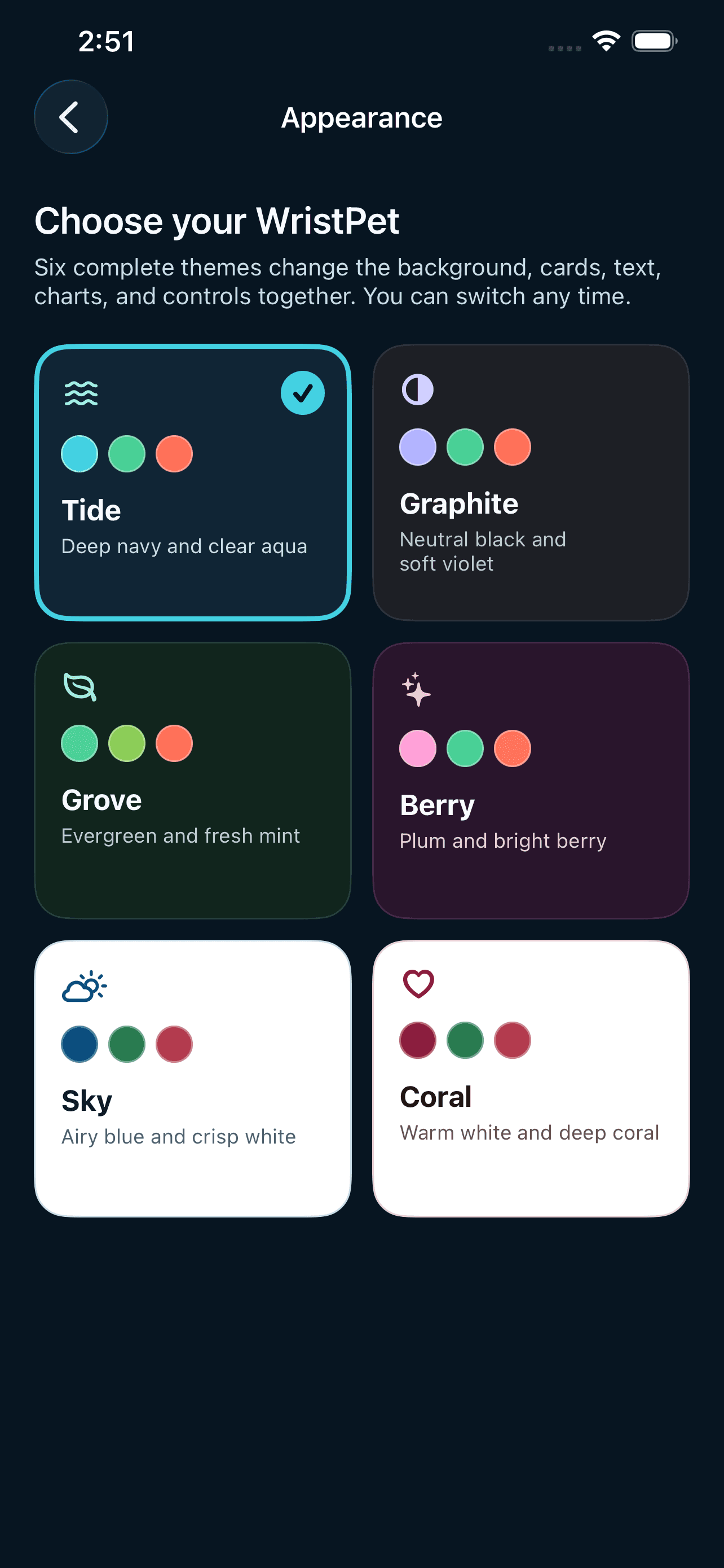 WristPet Appearance screen showing Tide, Graphite, Grove, Berry, Sky, and Coral themes